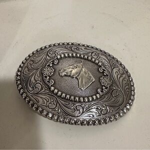 Vintage Nocona Western Horse Head Belt Buckle 3x3.5” Silver Tone Engraved